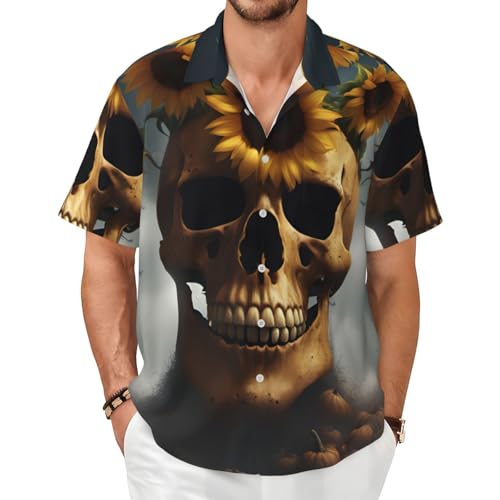 Chemise tournesol et crâne homme idéale pour vos soirées d'été et look décontracté d'Halloween
