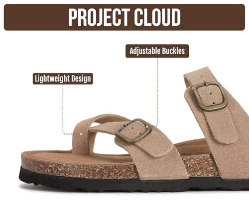 Image of Project Cloud 100% Genuine Leather Womens Sandals -Lightweight Womens Slides Memory Foam Insole & Cork Footbed Sandals Women - Non-Slip Beach Essentials Summer Sandals for Women 2026 (Lian)
