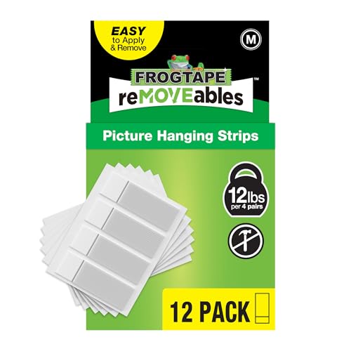 Image of FrogTape reMOVEables Medium Picture Hanging Strips- 12 Pairs - 12lbs per 4 Pairs - Damage-Free Removeable Adhesive Wall Strips Picture Hangers for Mounting Frames, Canvas, Home Decor White (24 Pieces)