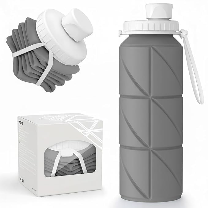 Image of 600ml Folding Silicone Water Bottle for Travel, Gym, Hiking, Camping with Leak-Proof Lid Space-Saving Portable Bottle (Grey 2PC)