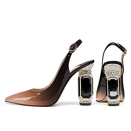 Image of JANSEVEN Women Chunky Heels Pumps Crystal Block Heels with Rhinestones Pointed Toe Sexy Gradient Patent Leather Slip on Bridal Party Wedding Dress Shoes 5-13 M US