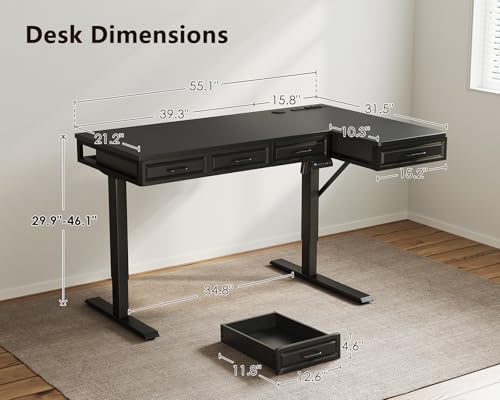 Image of OffiGo 55 Inch L Shaped Standing Desk with 4 Wooden Drawers, Black