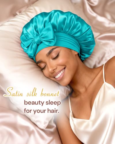 Image of BONNET QUEEN Double Layer Silk Bonnet for Sleeping for Women Satin Lined Bonnet Night Cap for Curly Hair with Tie Band, Single Layer, Aqua Blue