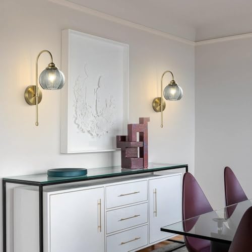 Image of KCO Lighting Gold Wall Light Smoke Glass Globe Sconce Antique Brass Long Arm Sconce Minimalist Vintage Fireplace Wall Sconces Mid Century Modern Bedside