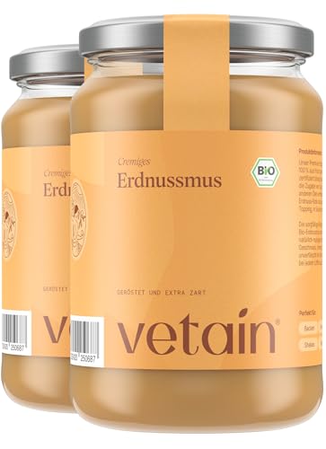 VETAIN Bio Erdnussmus Cremig - 100% Bio-Erdnüsse - vegane Erdnussbutter - reich an Protein & Ballastoffen - Ohne Zucker & Palmöl - perfekt als Topping für Müsli, Porridge (2 x 500g)