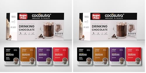 Image of COCOSUTRA Sugar Free Drinking Chocolate Hamper | Travel Friendly | 4*5 Single Serve Sachets | 4 Hot Chocolate Flavors | Zero Sugar, Low Carb, Low Calorie | Stevia & Erythritol based | Gift Pack | Gluten Free & Vegan | Enjoy Hot or Cold | 400g