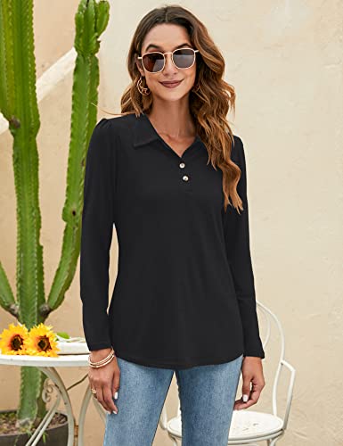 LOMON Womens Polo Shirts Button Down Collared Long Sleeve Tops V Neck Loose Blouses2