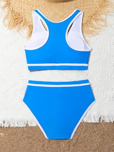 QJQ Girl's 2 Piece Swimsuits Contrast Trim High Waisted Bathing Suit Cute Scoop Neck Bikini Sets2