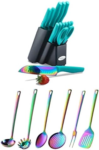 DISHWASHER SAFE Rainbow Titanium Cutlery Knife Set Kitchen Knives Sets Plug Rainbow Titanium Colorful Kitchen Utensils Set Stainless Steel Utensil Set - 6 Cooking Utensils
