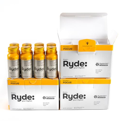 Image of Ryde: Focus Shot | Orange Flavor | L-Theanine & Ginseng | Green Tea Caffeine | Vitamins B2 & B7 | 0 Calories, 0 Sugar | 2 FL OZ Shots | Supports Focus* (24 Pack)
