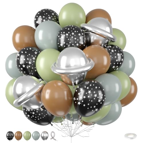 Grey Sage Green Brown Balloons 12 Inch Olive Green Black Grey Balloons Black Star Print Balloon Metallic Silver Long Latex Balloon for Boys Baby Shower Galaxy Planet Star Theme Birthday Party Decor