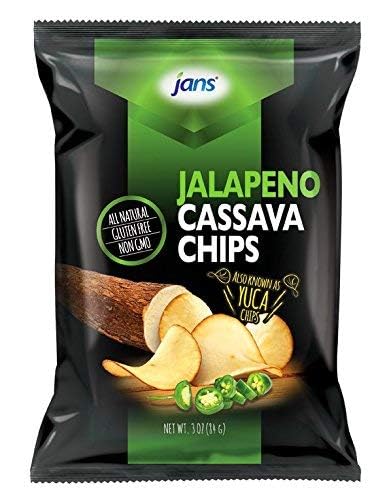 Jans Root Chips, Jalapeño Cassava Chips 3 Oz – Pack of 1 | Crispy Yuca, Spicy Jalapeno Snack Alternative to Potato Chips, Gluten Free, Non-GMO, Kettle Cooked Root Vegetable Chip