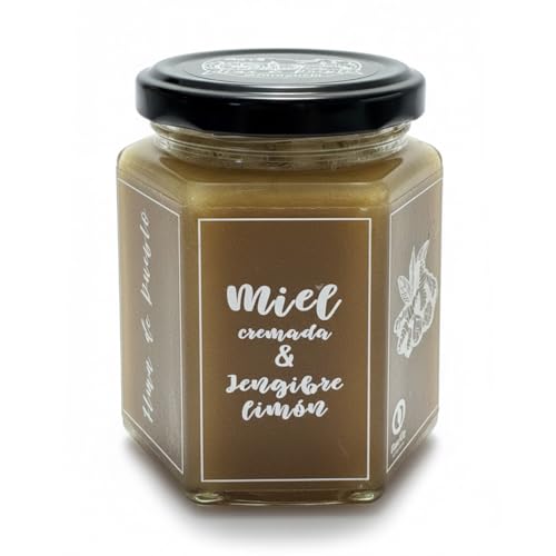 Miel Cremada con Jengibre y Limón 250 g – Miel cruda batida de textura suave, con sabor dulce, toque picante y frescor cítrico – Producto artesanal español ideal para infusiones y postres. Gourmet