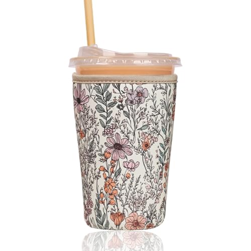 Image of Reusable Insulated Sleeve for Iced Coffee Cup, Coffee Neoprene Sleeve for Cold & Hot Drinks, Beverage Holder for Iced Coffee (Bloom Magic, Medium: 22-24oz)