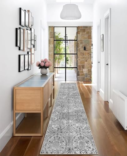 vivorug Runner Rug 2'x8' Machine Washable Non-Slip Runners for Hallways Kitchen Entryway Laundry Room Vintage Medallion Carpet Hallway Runner Grey