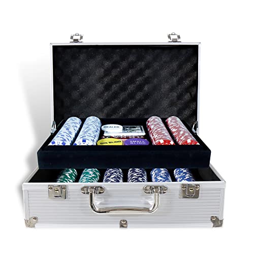 CCLIFE Juego de Poker Profesional Maletín Aluminio de Póker Set 300/500 Chips, Barajas de Cartas, Distribuidor, Ciega Pequeña, Big Blind Buttons,Tapete y 5 Dados