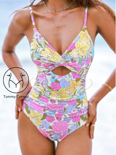 Image of CUPSHE One Piece Swimsuit for Women Bathing Suits Twist Front Cutout Adjustable Straps Ruched Swimwear
