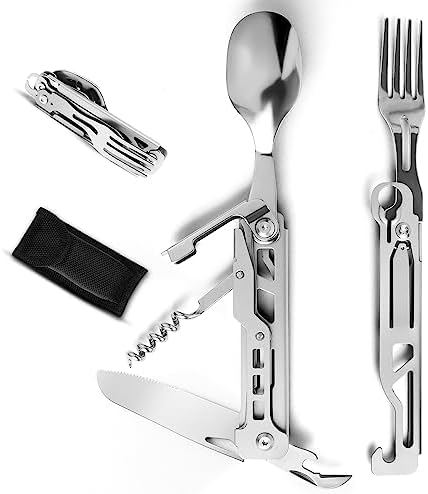 Camping Utensils Portable Camping Utensil Set Camping Cutlery Set, 7 in 1 Camping Flatware Spoon Fork Knife Combo Set Travel Camp Backpacking Cutlery