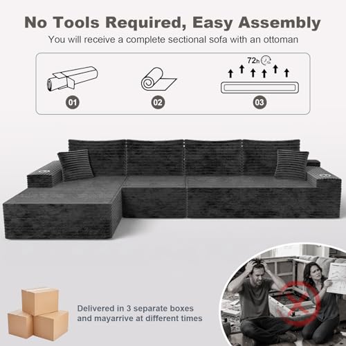 Image of 106 inch Cloud Modular Sectional Couch with Ottoman, Modern U Shaped Corduroy Sofa, Higher 17.7 inch Seat Height, 32D Pure Foam,Built in Cup Holders,No Assembly for Living Room (Dark Gray,Right Facing Chaise)