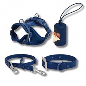 Waterproof Dog Harness, Collar, Leash and poop bag holder Set, No-Pull Design, Waterproof Oxford 900D Material, Padded Mesh Lining, S/M (Navy Blue, Small)