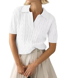 LACOZY Hauts polo d'été à manches courtes pour femmes col en V côtelé tricot pull chemises décontracté léger pull-over chemise 2025, blanc, M