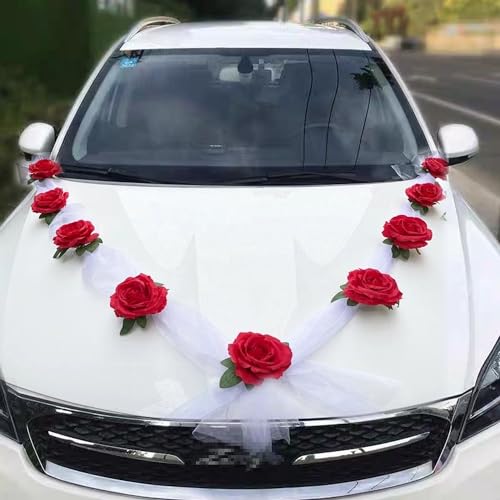 Autoschmuck Bruiloft auto decoratieset bloemenslinger rood-wit gaas met 9 rozen 2 x 1,6 m lengte
