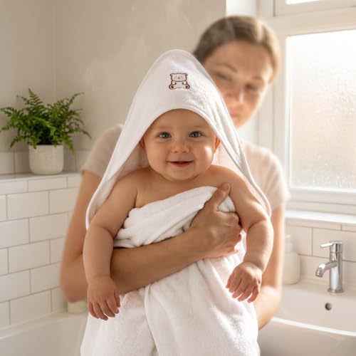 Image of Baby Hooded Towel Wrapper | Soft Terry Cotton | Baby Carry Towels for Newborns (0 - 1.5 Years) | 70 x 70 cm | Unisex | White