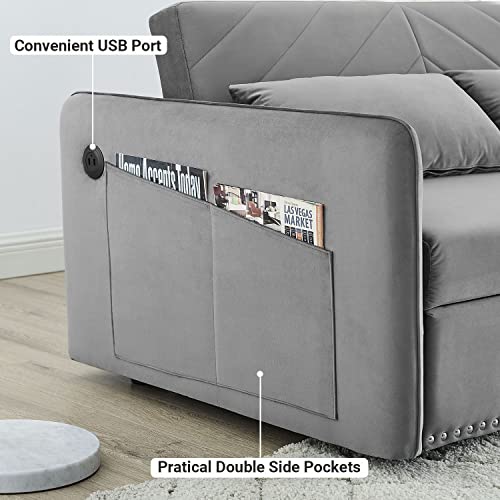 Sleeper Sofa Couch Bed W/2 Usb Ports, 55" 3 In 1 Velvet Convertible Loveseat Sleeper With Pullout Bed, Small Love Seat Futon Sofa W/Adjustable Backrest, Lumbar Pillows For Living Room Bedroom, Grey #TOP4