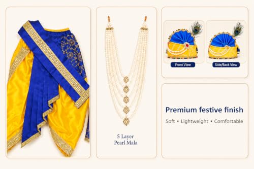 Image of Sarvda Krishna & Radha Dress for Kids - Complete Janmashtami Costume Sets with Dhoti /Lehenga, Mukut, Mor Pankh, Bansuri & Accessories | Fancy Dress for Baby Boys & Girls