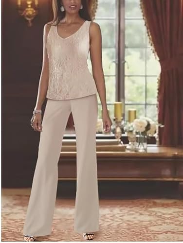 Elegant Lace Applique Pant Suits for Women Dressy Plus Size 3 PCS Taupe Mother of The Bride Dresses for Wedding Pantsuits with Jacket,US16W3
