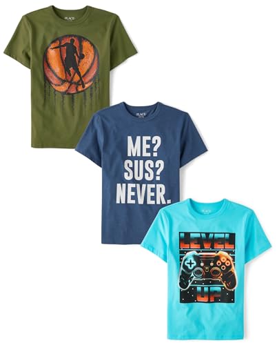 The Children's Place,Boys,Gamer Short Sleeve Graphic T-Shirts,Multipacks,Level Up/Basketball/Me Sus Never 3-Pack,X-Small