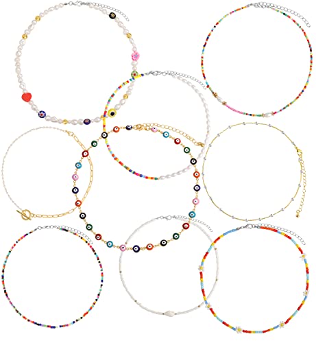 If You Beaded Zinc Choker Necklace Set, 9 Pcs Boho Cute Colorful Seed Beads Necklace, Gold Pearl Chain Necklace Pack, Evil Eye Flower Handmade Y2K Necklace For Women Teen Girls #TOP15