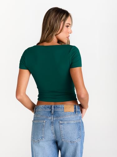 Image of Trendy Queen Womens Boat Neck Tops Short Sleeve Shirts | Compression Basic Tops,Y2K Aesthetic Slim Fit,Professional Business Casual, Polished Teacher Outfits