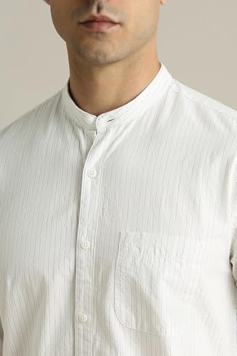 Image of Peter England Men's Casual Mandarin Collar Slim fit Full Sleeve Shirt in 100% Cotton Seersucker with Striped Design