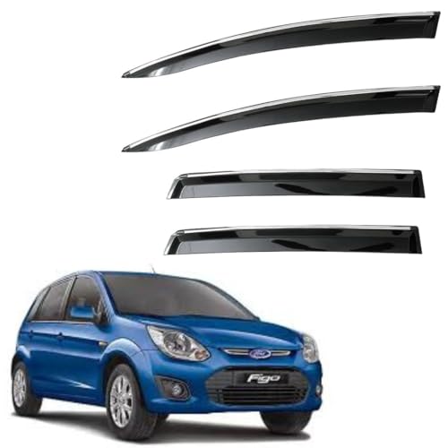 Image of CAR SAAZ Unbreakable Chrome Smoke Door Visor for Figo (2010-2015)| Premium Sun, Rain Wind Deflector Chrome Strip Side Door Rain Visor - Set of 4 Pcs
