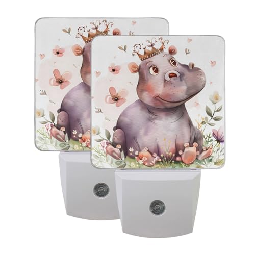 Image of Little Princess Hippo Night Lights 2 Pack Plug-in Wall Led Nightlight Auto Dusk-to-Dawn Sensor Lamps for Bedroom Kitchen Bathroom