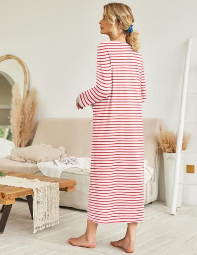 Ekouaer Women Long House Coat Zipper Front Robes Full Length Nightgowns With Pockets Striped Loungewear S-4Xl #TOP2
