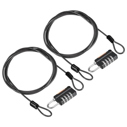 Image of PATIKIL Security Steel Cable with 4 Digit Combination Lock, 2 Set 4.9Ft Coated Safety Wire Rope Double Loop Padlock for Outdoor Travel Luggage, Black
