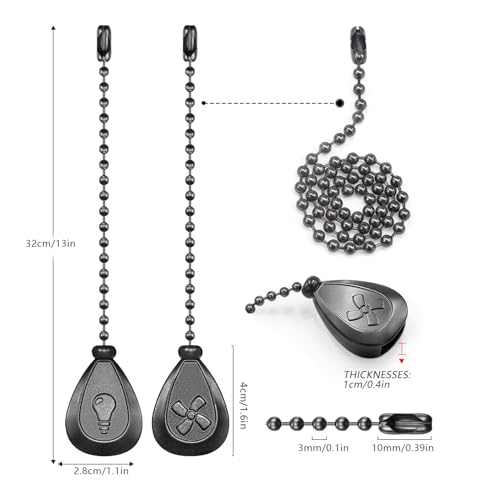 Dotlite Black Ceiling Fan Pull Chain, 2Pcs 12 Inches Decorative Fan Pull Chain Ornaments Extension, 3mm Diameter Beaded Ball Fan Pull Chain Extender with Connector(2 Pack)