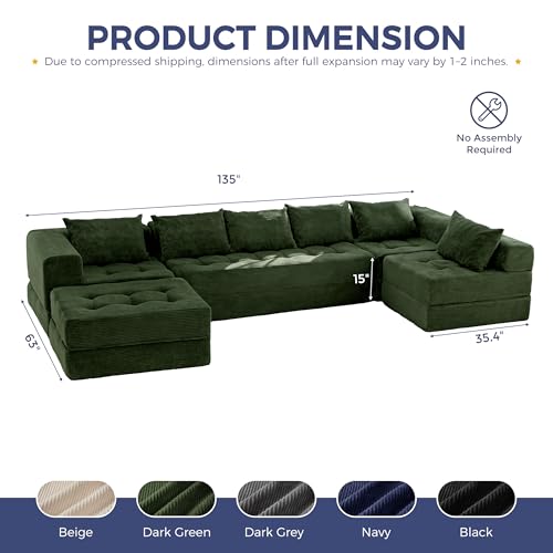 Image of MAXYOYO Modular Sectional Sofa Couch, Foldable U Shaped Cloud Couch with Pillows, Tufted 7-Seat Boneless Lounger Floor Sofa Bed for Living Room, No Assembly Required, Dark Green