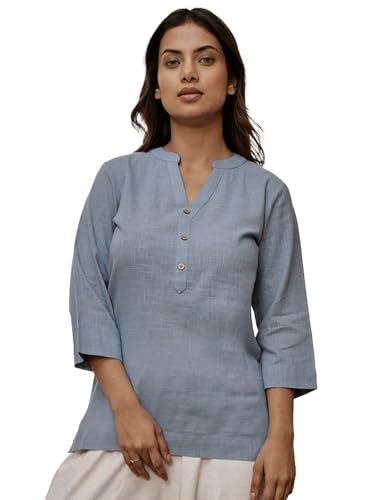 Image of VASTRAMAY Women's Cotton Linen Yoga Kurta with Band Collar & Three Quarter Sleeves