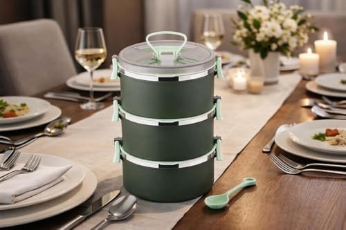 Image of 3 Tier Stainless Steel Insulated Lunch Box for Office Use | Leak-Proof Tiffin Box with Airtight Food Containers | Lunch Box for Men Women Kids with Handle & Side Locks (Multicolor)(1-pcs)