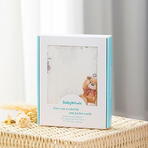 Image of BabyWhale Muslin Swaddle Blanket with Hat and Headband Bow, Flower and Bear Print Swaddle Set for Baby Boys & Girls, Soft Breathable Unisex Receiving Blanket Wrap, 47x47 inches