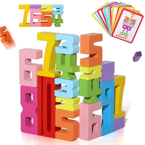BESTAMTOY 20PCS Montessori Inspired Wooden Number Building Blocks-Wooden Blocks for 3+ Years Old Kids 1-10 Number Game Balance Competition Toy – Unlock Your Kids Potential