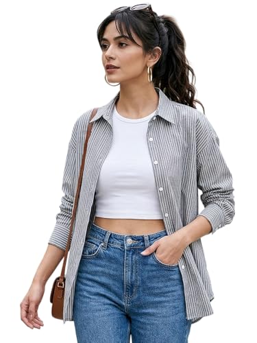 Image of Urbano Fashion Women's Cotton Full Sleeve Oversized Fit Casual Striped Shirt with Spread Collar