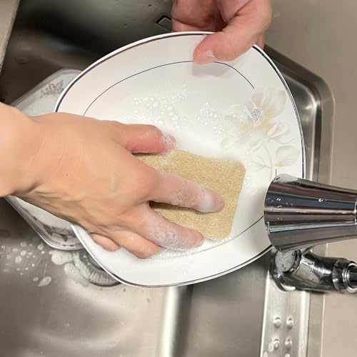 Image of Natural Sisal & Wood Pulp Sponge Scrubber - Eco-Friendly, Biodegradable Kitchen Sponge - Dual-Sided Coconut Fiber & Cellulose Scrubber for Dishwashing & Household Cleaning (Light Brown - 6pcs)