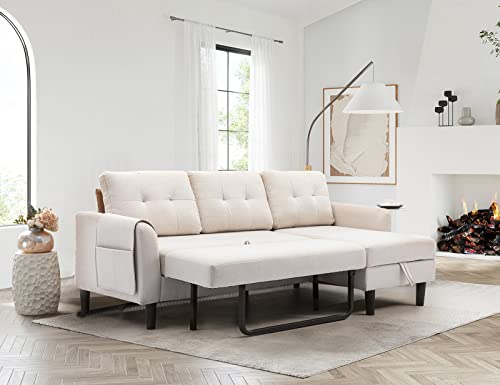 Modern Pull Out Sleeper Sofa Bed With Chaise, Comfy L Shaped Convertible Sleeper Couch With Storage And Pocket, Sectional 3 Seat Couch For Living Room Furniture Or Home Office, Tufted Back - Beige #TOP11