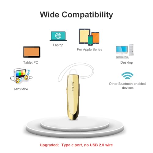New bee Bluetooth Earpiece V5.0 Wireless Handsfree Headset with Microphone 24 Hrs Driving Headset 60 Days Standby Time for iPhone Android Samsung Laptop Trucker Driver (Gold)