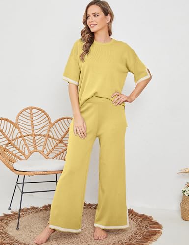 Image of Tanming Sweater Sets Women 2 Piece Lounge Sets Short Sleeve Knit Pullover Tops Wide Leg Pants
