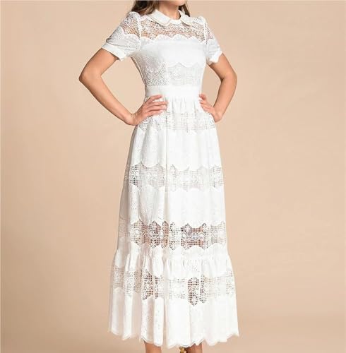 Women's White Dress Short Sleeve Hollow Out Maxi Dress Vintage Embroidery Summer Long Dress Casual Elegant Gown for Parties(Medium)2